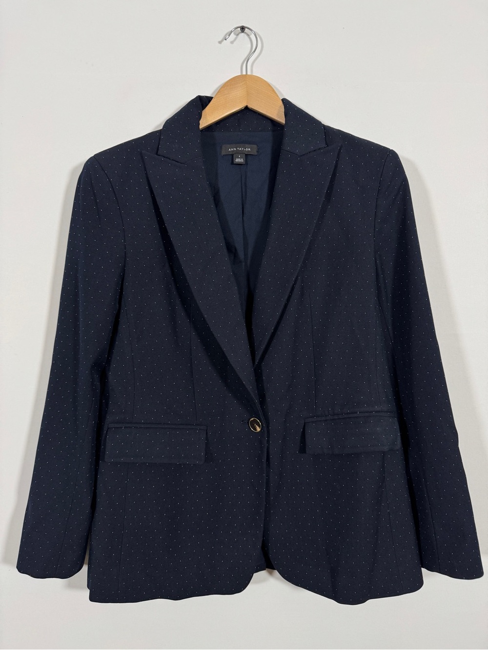 WJT40 {Ann Taylor} Navy Blue Polka Dot Tortoise Buttons Suit Coat Blazer Jacket